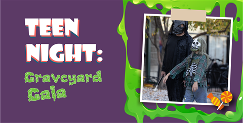 purple background with slime backdrop and a polaroid with a photo of a zombie halloween costume inside, caption reads 